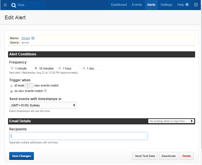 Edit alert in log management system by Papertrail