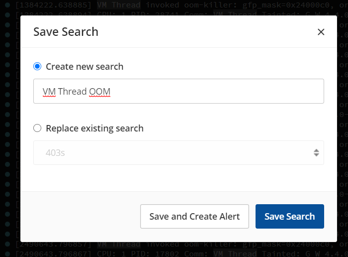 To create an alert as you save a search, select Save and Create Alert.