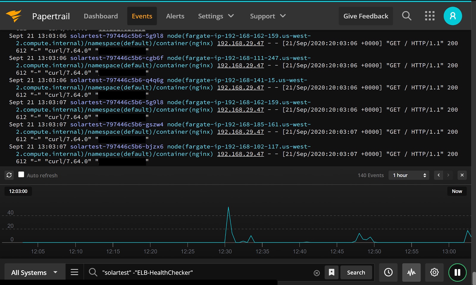 AWS EKS on Fargate container IDs, server names, and grepable logs are presented in the Papertrail event viewer