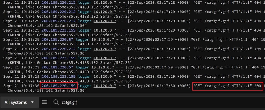 Search for catgif.gif in the Papertrail event viewer