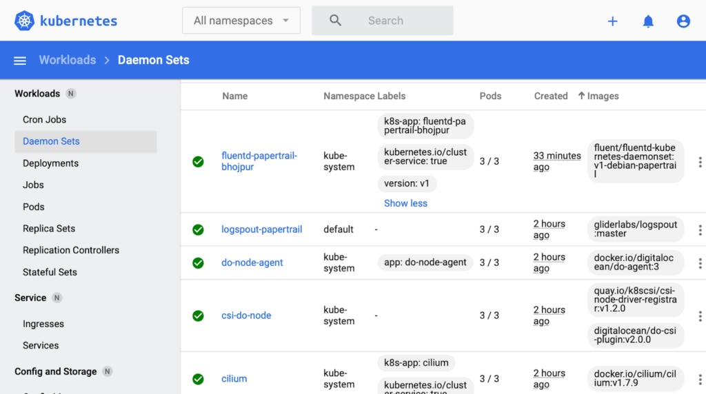 Kubernetes Dashboard shows Fluentd Papertrail DaemonSet. 