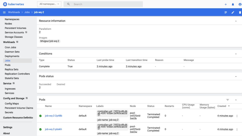 Kubernetes Job details in the Kubernetes Dashboard