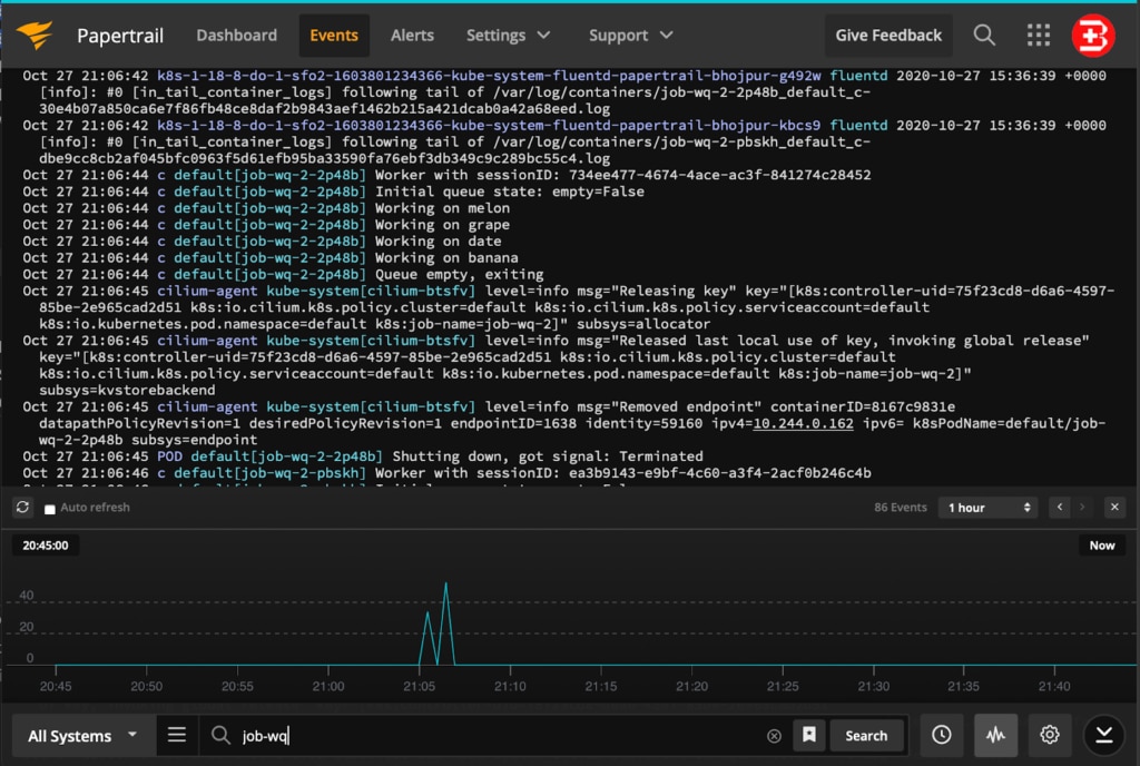 Papertrail event viewer with the job execution events.