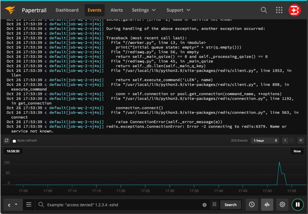 View of failed Python job in Papertrail Event Viewer