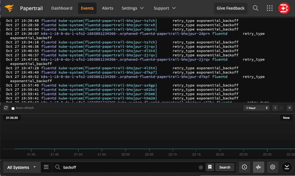 Using the 'backoff' search filter in Papertrail event viewer.