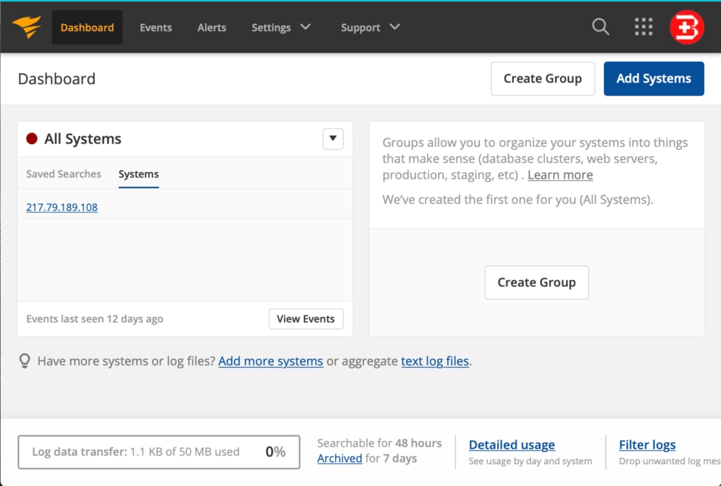 Setting up Papertrail to look into system logs.