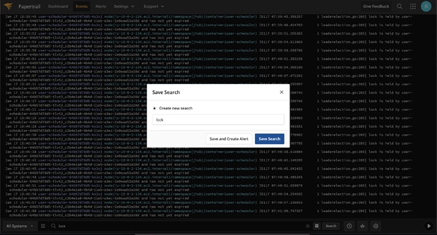Papertrail lets you create alerts as you are searching.