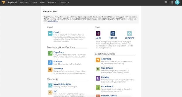 Papertrail alerts integrate with many different notification and communication services.