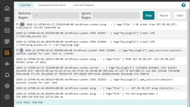 Live tail view in Loggly of the ping log contents.