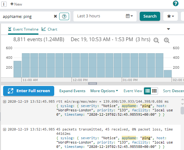 View of ICMP traffic in the Loggly event timeline view