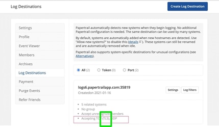 To see which input type is selected go to the Papertrail Settings -> Log Destinations menu.