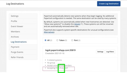 To see which input type is selected go to the Papertrail Settings -> Log Destinations menu. 