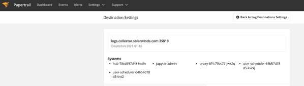 Validating log destination settings in Papertrail.