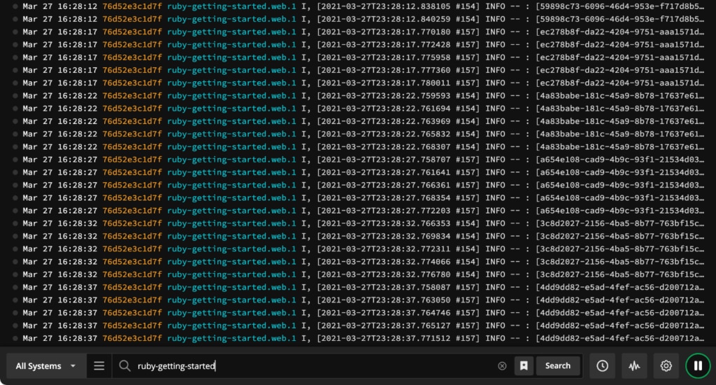 Filtering logs using 'ruby-getting-started"