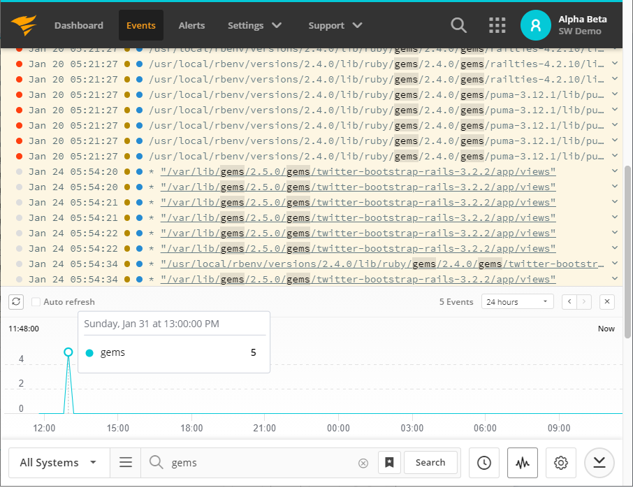 Searching and tailing Ruby logs in Papertrail.