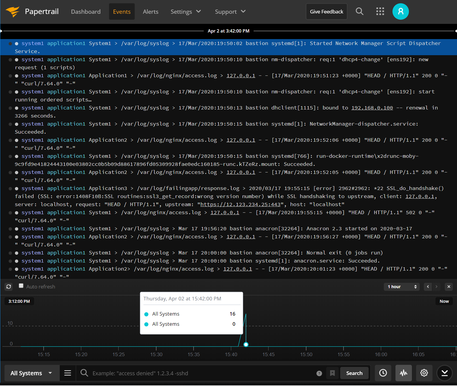 Searching and tailing syslog messages in Papertrail.