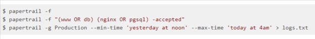 Like Heroku, Papertrail provides a CLI to search and tail logs