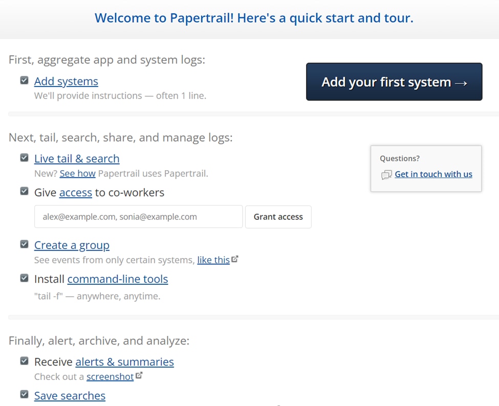 Papertrail quick start and tour screen