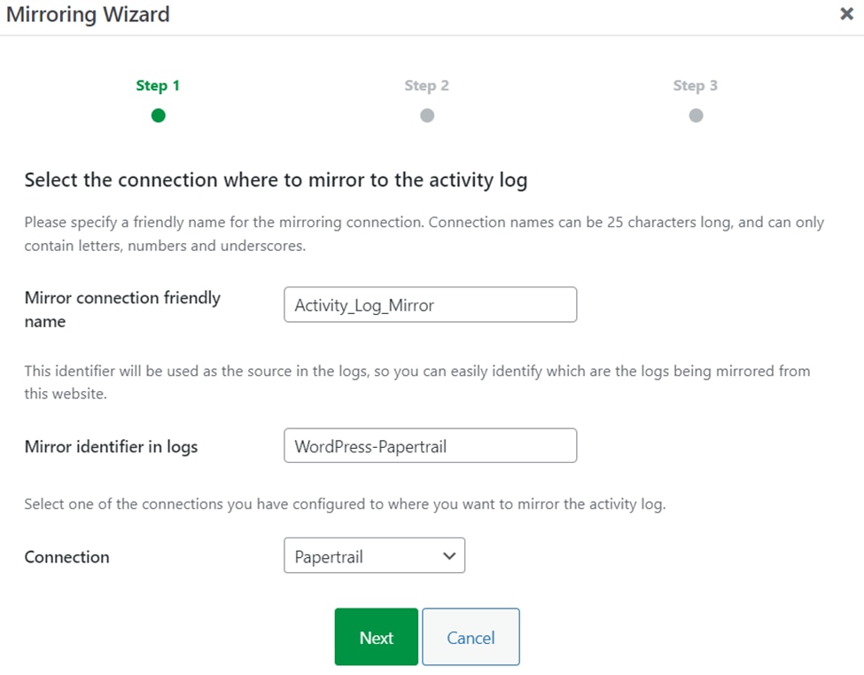 : Configuring WordPress Activity Log mirroring