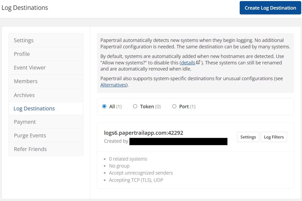 Papertrail log destination URL