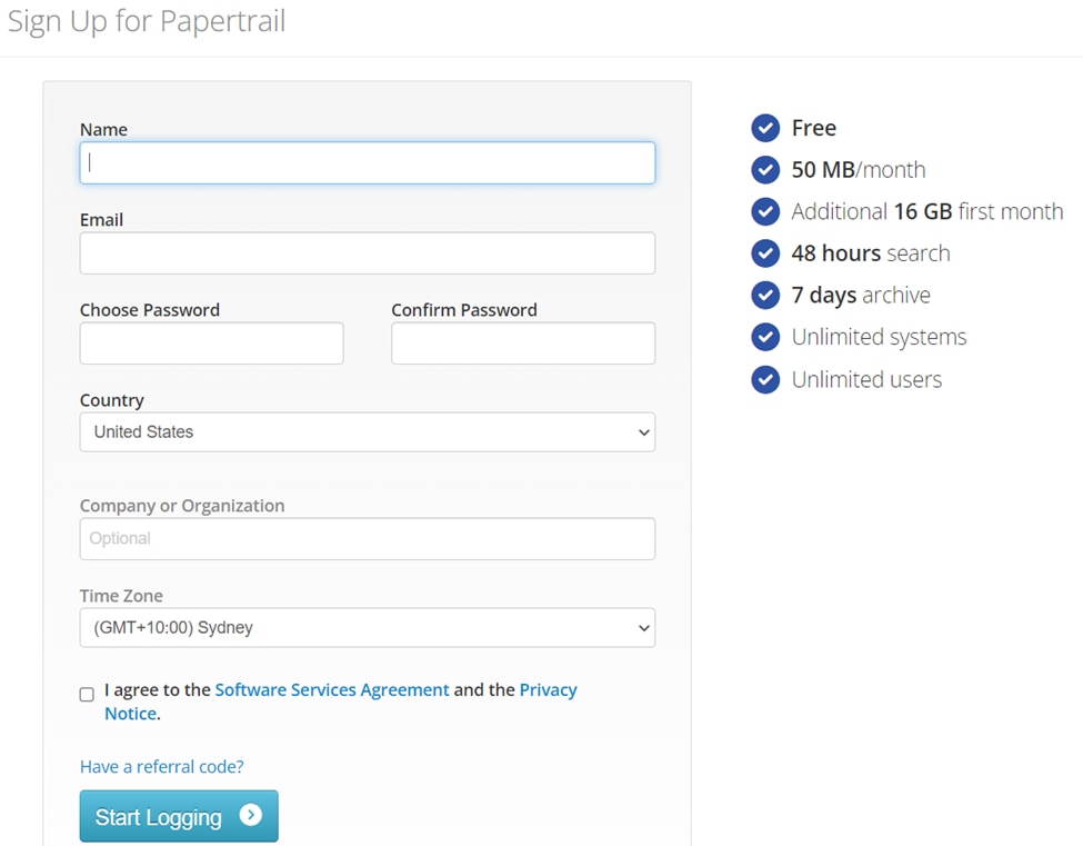 Signing up for a Papertrail account