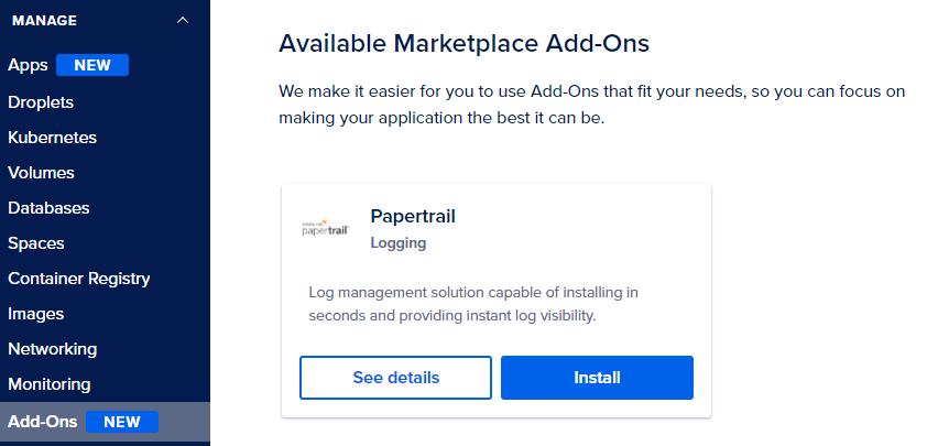 To add the Papertrail SaaS Add-On select Add-Ons from the Control Panel. 