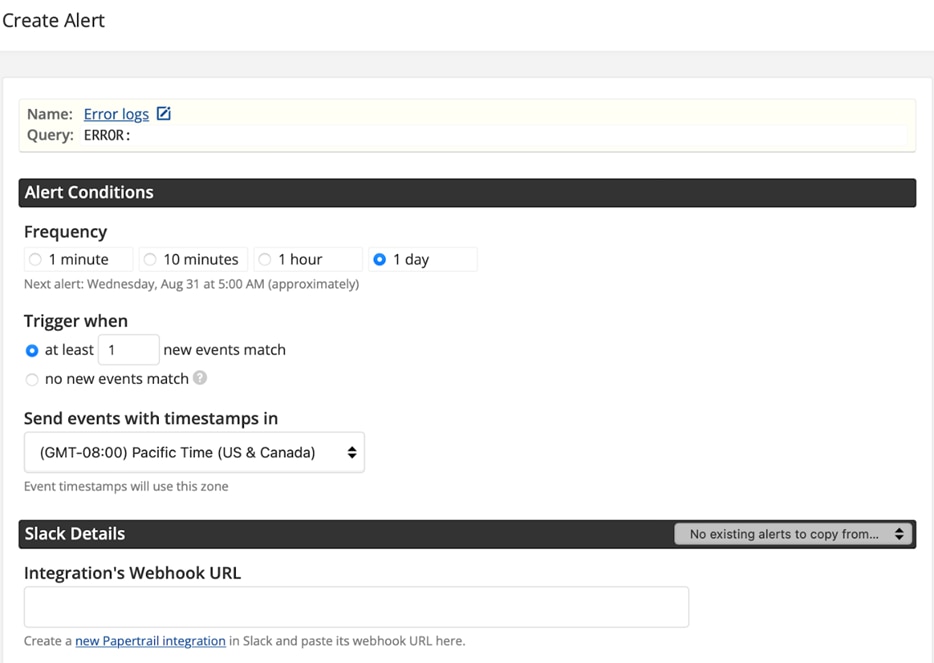 Papertrail alert conditions screen allows you to configure the frequency and trigger conditions.