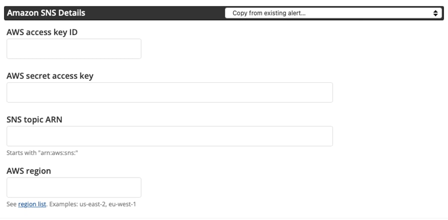 To finish setting up the Papertrail AWS SNS integration you will need to add your Amazon SNS details.