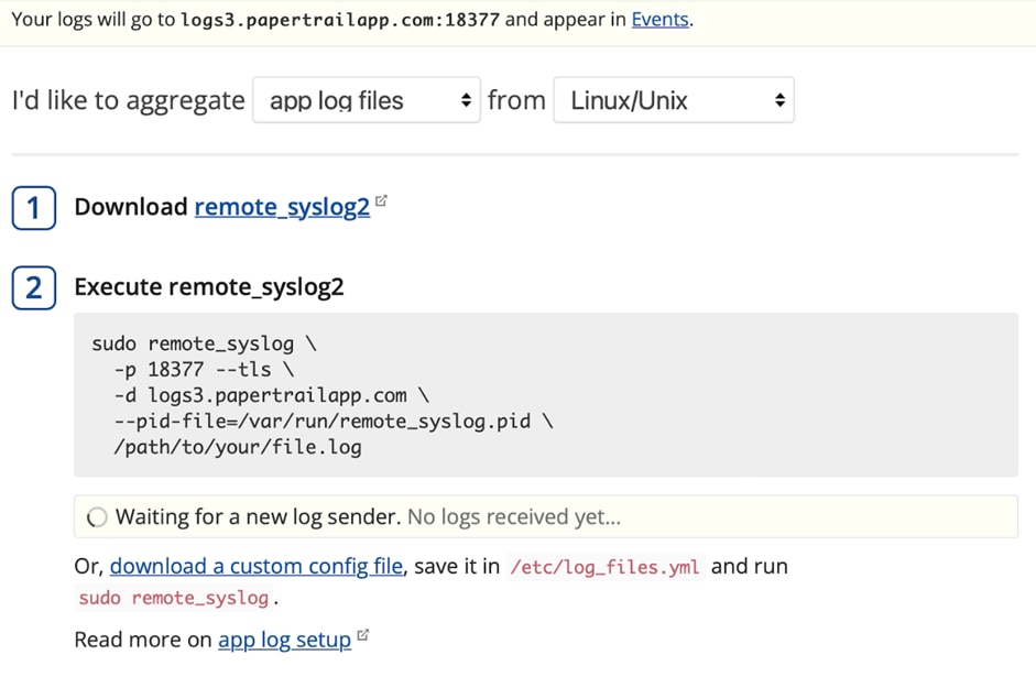 Setting up a new log sender in Papertrail.