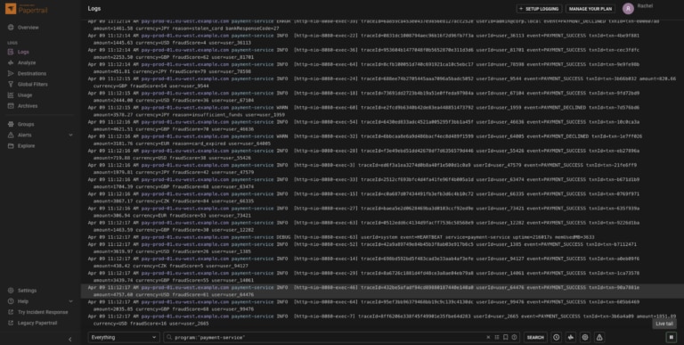 log management view in PaperTrail