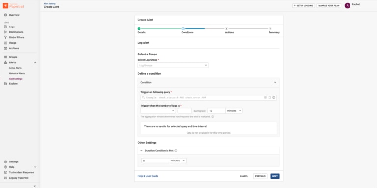 SolarWinds Papertrail - Create Alert - Step 2: Conditions