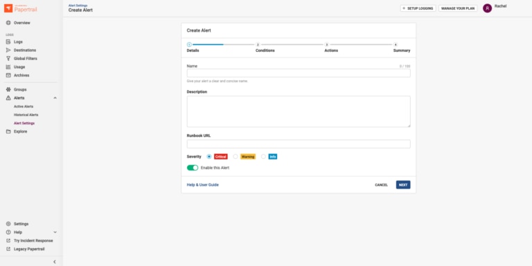 SolarWinds Papertrail - Create Alert - Step 1: Details